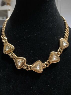 SAL Swarovski Crystal Gold Triangle Statement Necklace